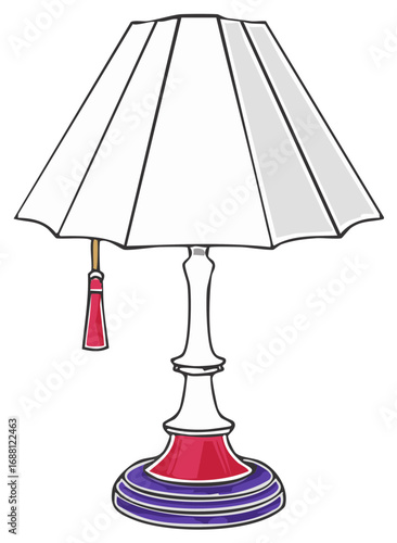 Hand drawn vector illustration of a classic table lamp with a white lampshade and decorative tassel