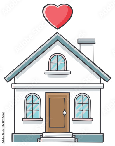 Charming House with Red Heart Above the Roof Symbolizing Home Love