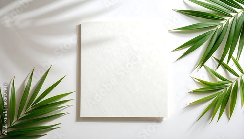 Blank Square Card with Palm Leaves and Shadow Overlay on White Background