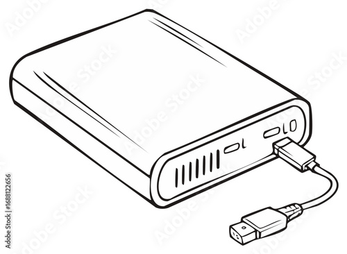 Stylized portable power bank vector illustration with USB cable for charging electronic devices