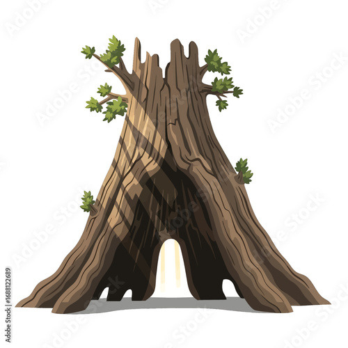 Pixel Art Hollow Tree Stump with Sunlight and Green Sprouts Illustration on White Background