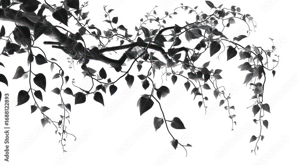 Naklejka premium Black and white plant illustration of vines cascading down from a central branch