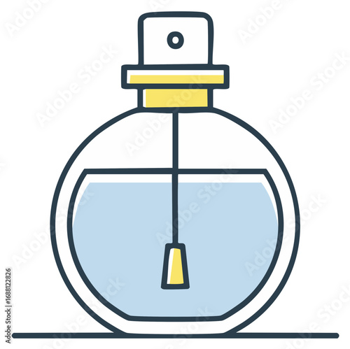 Round perfume bottle with atomizer spray icon. Simple line art illustration of a cosmetic fragrance.