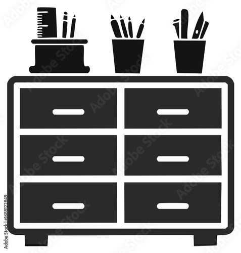 Black Silhouette of a Dresser with Six Drawers Holding Pencils and a Ruler