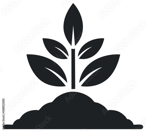 Minimalist black icon of a young plant growing from a mound of soil symbolizing growth and nature