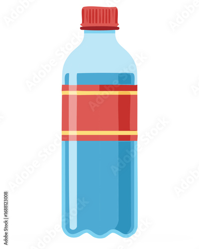Plastic Bottle Filled With Blue Liquid And Red Label
