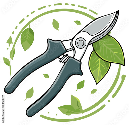 Garden pruning shears cutting green leaves vector illustration for landscaping and yard work concept