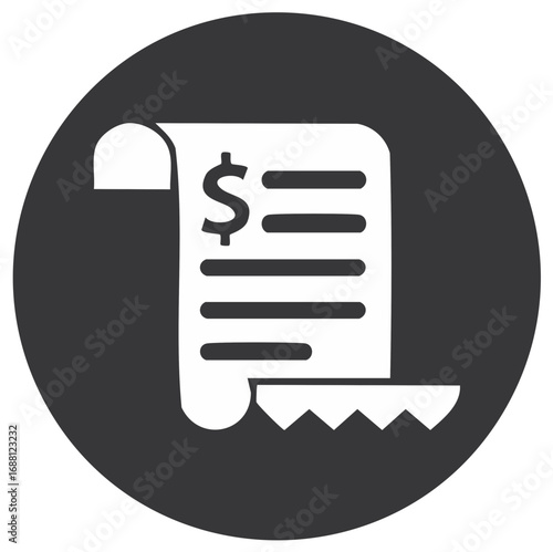 Financial Bill Dollar Sign in Circle Icon, Receipt Roll Symbol, Black and White Budget Icon