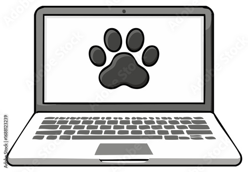 Laptop Computer Displaying a Pet Paw Print Symbol Animal Welfare or Veterinary Online Connection