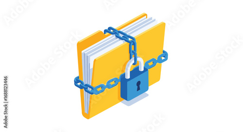 Secure file folder with chain and padlock securing confidential business data in protective archive concept