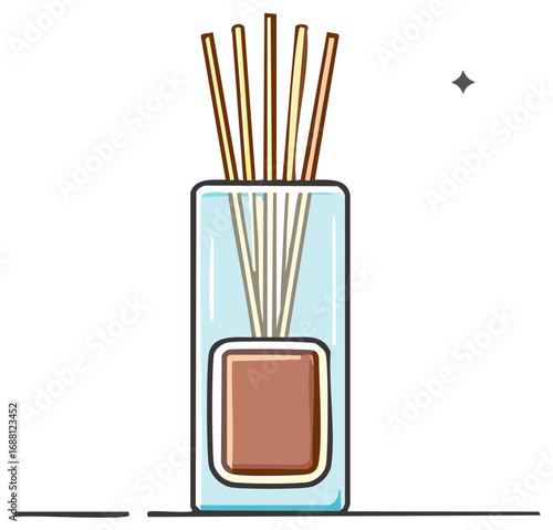 Aromatic reed diffuser with essential oil in glass bottle for home fragrance and spa relaxation vector icon