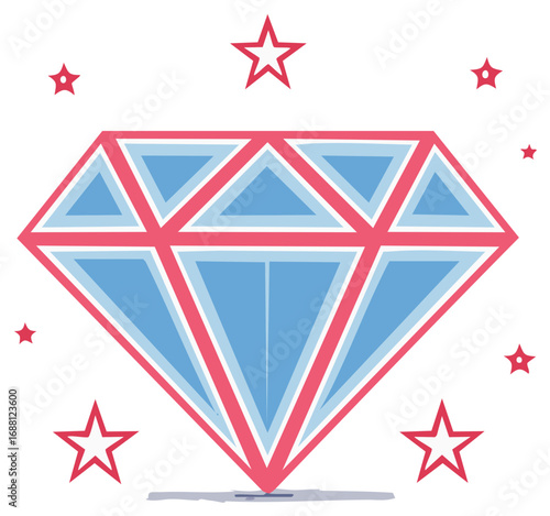 Large diamond gem surrounded by small and large stars in a cheerful illustration