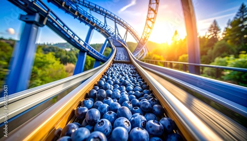 Blueberries on Rollercoaster Track Toward Sunlight View