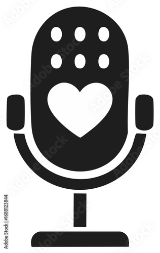 Vintage microphone with heart shape symbol, classic broadcast studio recording device, music and vocal performance equipment concept, design resource