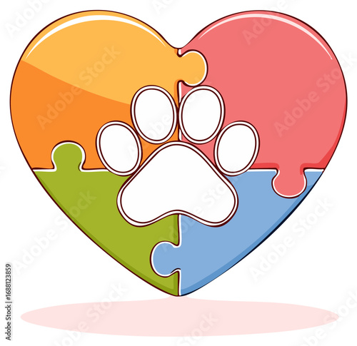 Cartoon heart puzzle comprised of colorful jigsaw pieces with a paw print shape in the center, symbolizing pet love