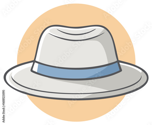 Stylized illustration of a white fedora hat with a blue band and a soft orange circle background