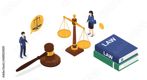 Illustrative representation of justice, law and legal system with scales, gavel, books and legal advisors