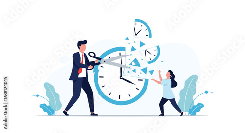 Take control of your time a businessman cuts a clock freeing a woman showing time management concept