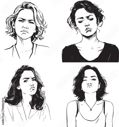 Four black and white portraits of women showing various dissatisfied facial expressions silhouette