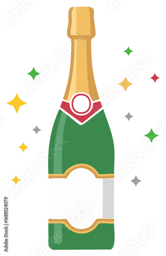 Festive champagne bottle vector illustration with colorful sparkles for celebration