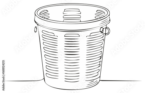 Simple black and white line art of a plastic laundry basket for cleaning chores