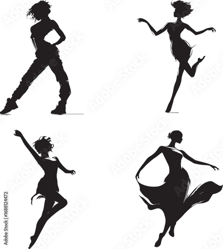 Dynamic female dancer silhouettes capturing movement and graceful poses on white silhouette