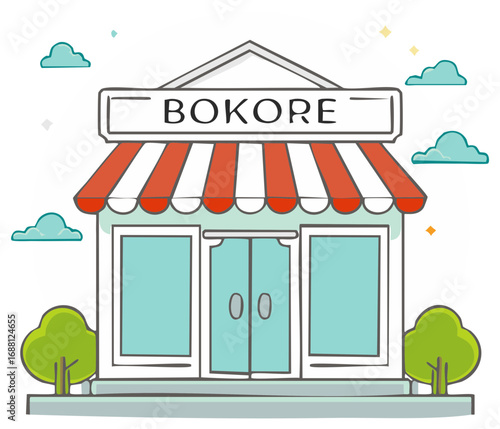 Line Art Shopfront with Awning, Glass Doors, Decorative Clouds and Star Accents, Cartoon Style, Isolated