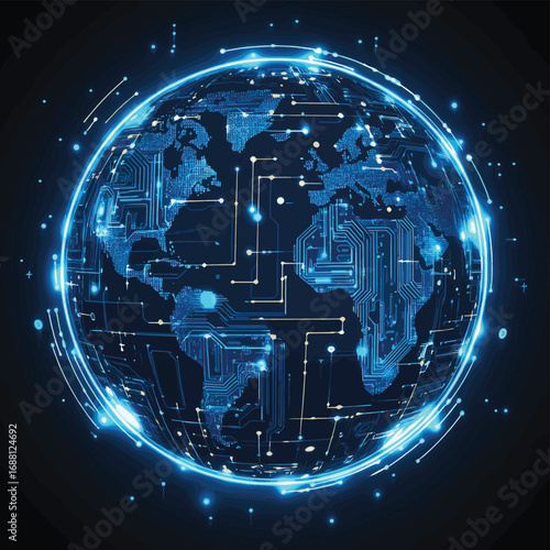 Futuristic globe with electronic circuit lines background. Cybersecurity, global data protection, digital risk management. , vector style simple color