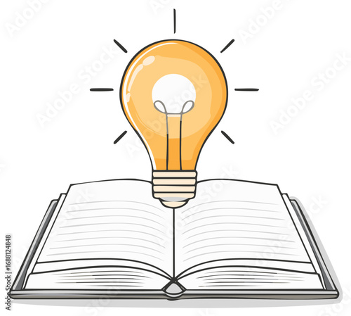 Glowing Light Bulb Over Open Book Illustrates Idea or Learning Concept in Hand Drawn Style