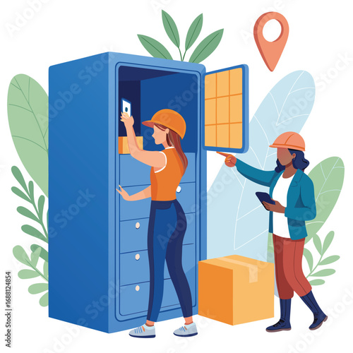 Vector art of woman using smartphone at automated parcel locker, delivery person pointing, surrounded by plants and location pin, for secure package delivery