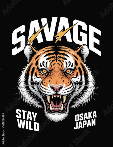 This captivating image features a savage tiger with fierce eyes and a striking mane, set against a dramatic black backdrop, representing strength and wild beauty.