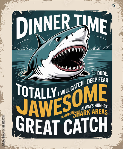 A dramatic shark image breaching the water's surface, designed to evoke a sense of fear and danger associated with shark-infested areas and the thrill of adventure.