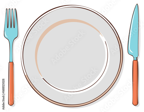 Modern minimalist illustration of an empty dinner plate with fork and knife for meal service