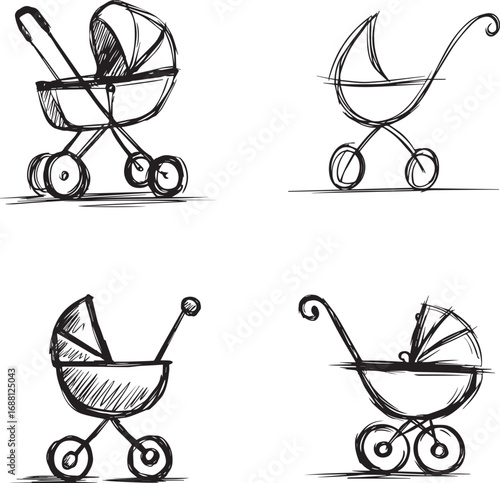 Charming baby stroller designs sketch style for newborns and infants silhouette