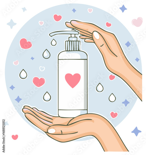 Illustration of hands dispensing liquid from a pump bottle adorned with a heart for hygiene and care