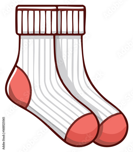 Illustrated pair of white ribbed athletic socks with red heel and toe accents