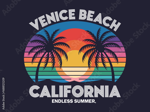 A colorful artwork showcasing a sunset over Venice Beach, adorned with palm trees, capturing the essence of California's beach lifestyle and endless summer vibe.