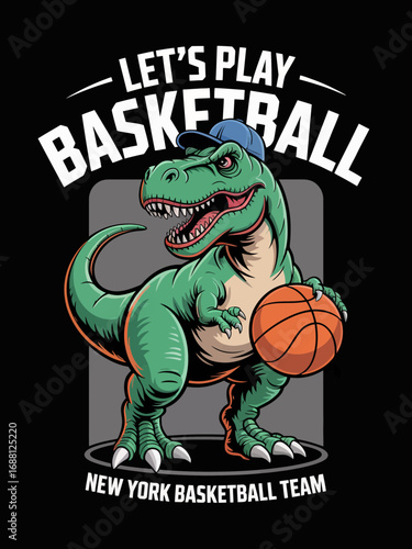 A vibrant cartoon dinosaur character sporting a blue cap and holding a basketball, promoting fun and sportsmanship in a playful context for a basketball team.