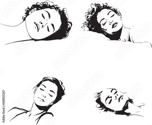 Monochrome minimalist art of a relaxed woman lying down with eyes closed clean bold lines silhouette