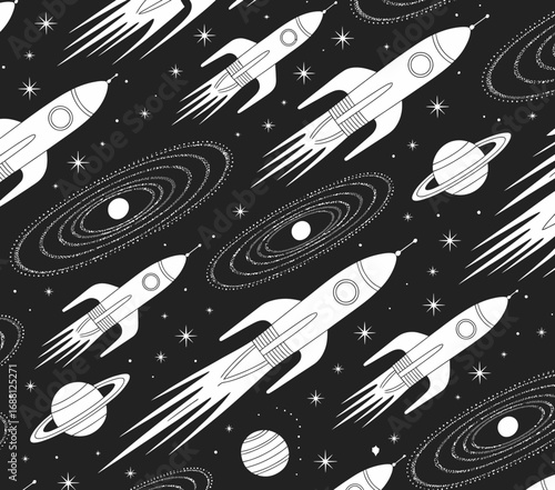 A captivating design featuring a dynamic sequence of rockets soaring through space alongside beautifully illustrated planets and stars, artful and intriguing.