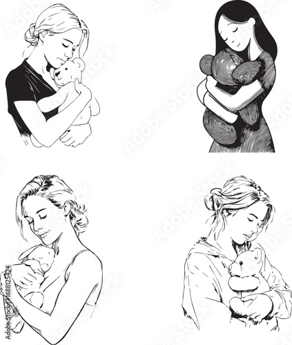 Monochrome line art woman embracing plush toy simple elegant design isolated silhouette