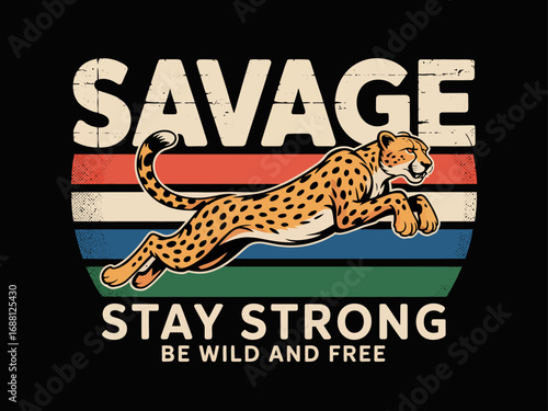 This vibrant image features a leaping cheetah amidst colorful stripes, conveying strength, freedom, and the spirit of the wild in an engaging artistic style.