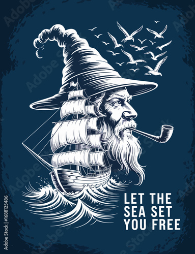This artistic illustration features a sea captain's profile with a ship, surrounded by waves and birds, embodying themes of freedom and adventure on the ocean.