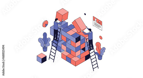 Teamwork builds strong foundations two workers collaborate on a modern structure with precision and ladders