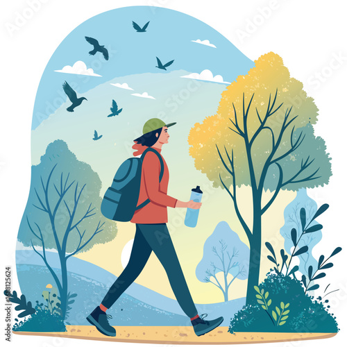 Vector art of a woman with a backpack walks through a park on a cloudy day, enjoying the nature and the birds flying around, carrying a water bottle