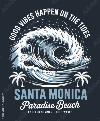 This artwork emphasizes a dramatic wave, embodying the vibrant beach life and positive vibes of Santa Monica, appealing to surfers and beach enthusiasts alike.