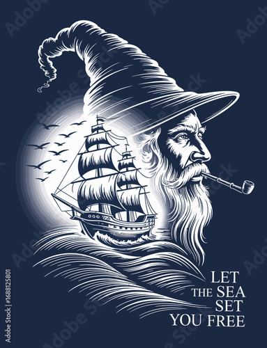 This striking graphic showcases a captain's head merging with a ship, symbolizing the connection between man and the sea, emphasizing freedom and adventure.