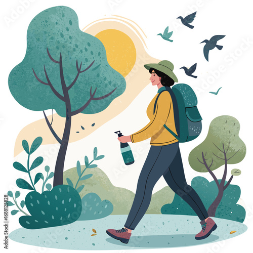 Vector art of a woman with a backpack and water bottle is hiking through a forest with trees, birds, and the sun, enjoying the beauty of nature