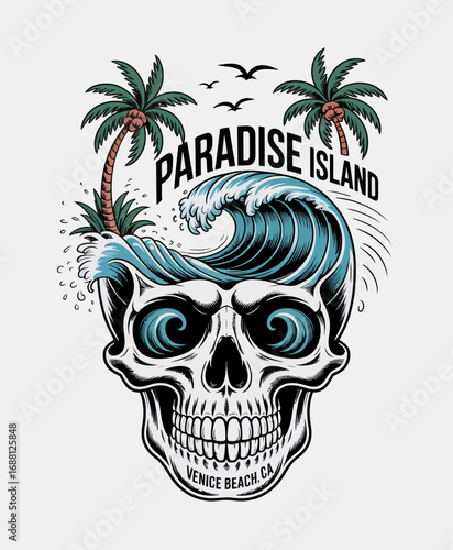 Featuring a dynamic skull design amidst palm trees and intense waves, this image represents the interplay of life, adventure, and the exotic atmosphere of coastal life.