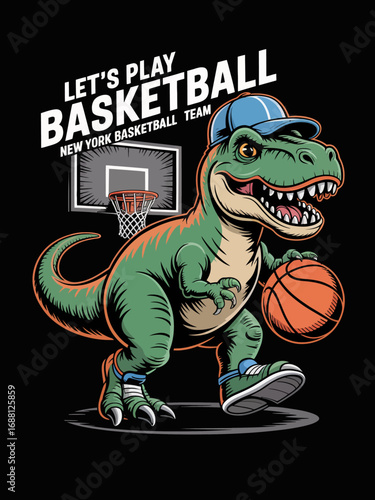 A dynamic illustration of a dinosaur bouncing a basketball with a hoop in the background, showcasing a playful, energetic theme for sports enthusiasts.